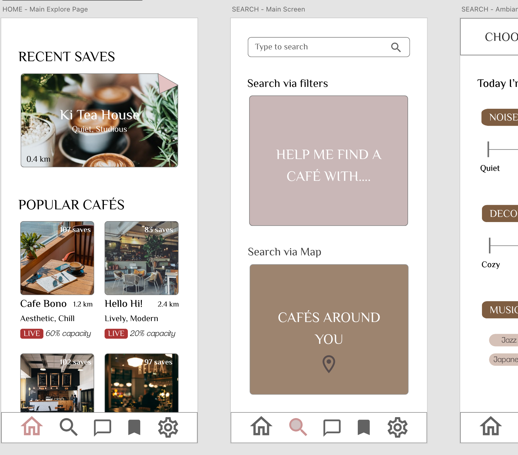 Screenshot of app wireframes showing a home and search page for finding cafes