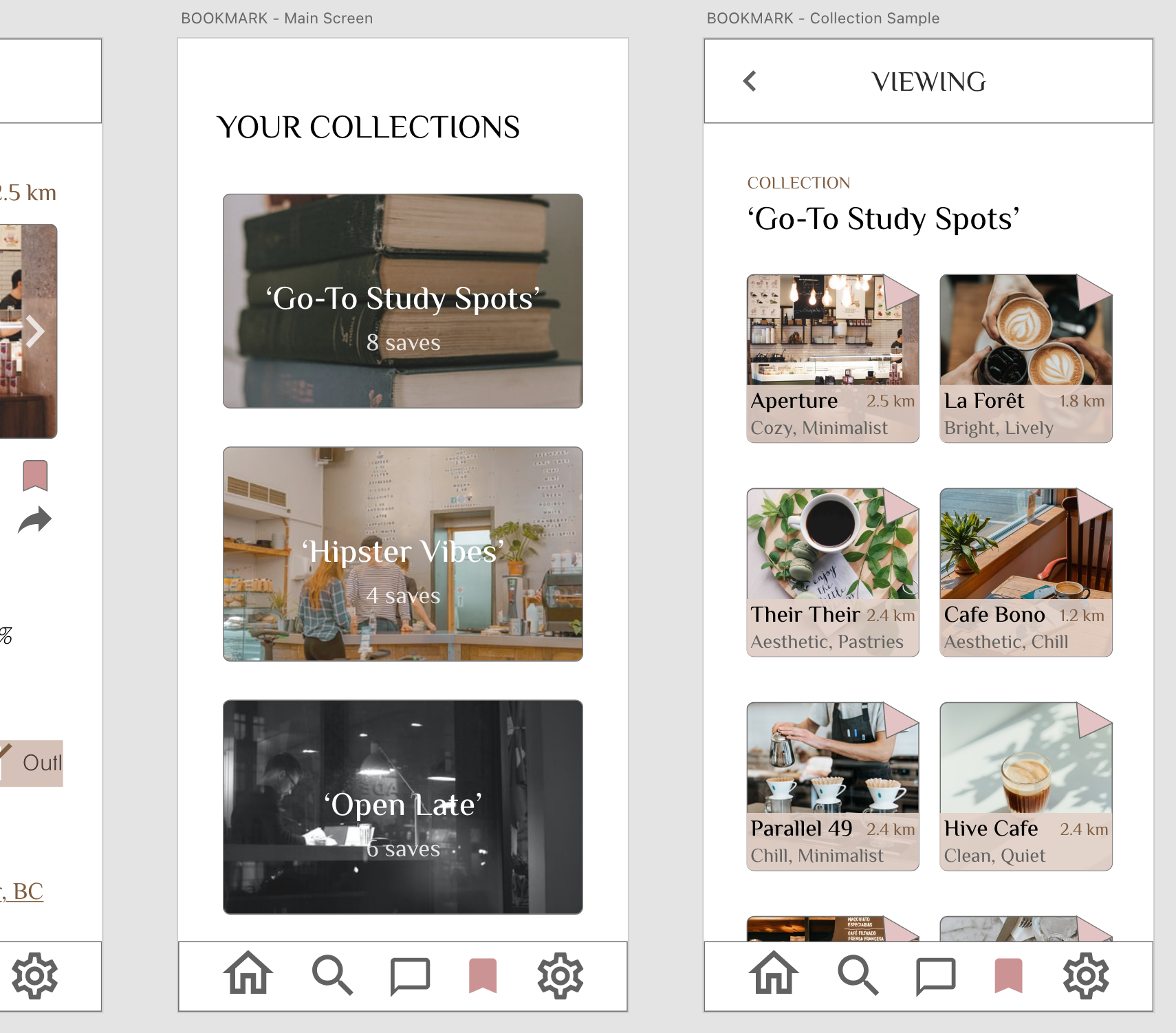 Screenshot of app wireframes showing saved cafe collections