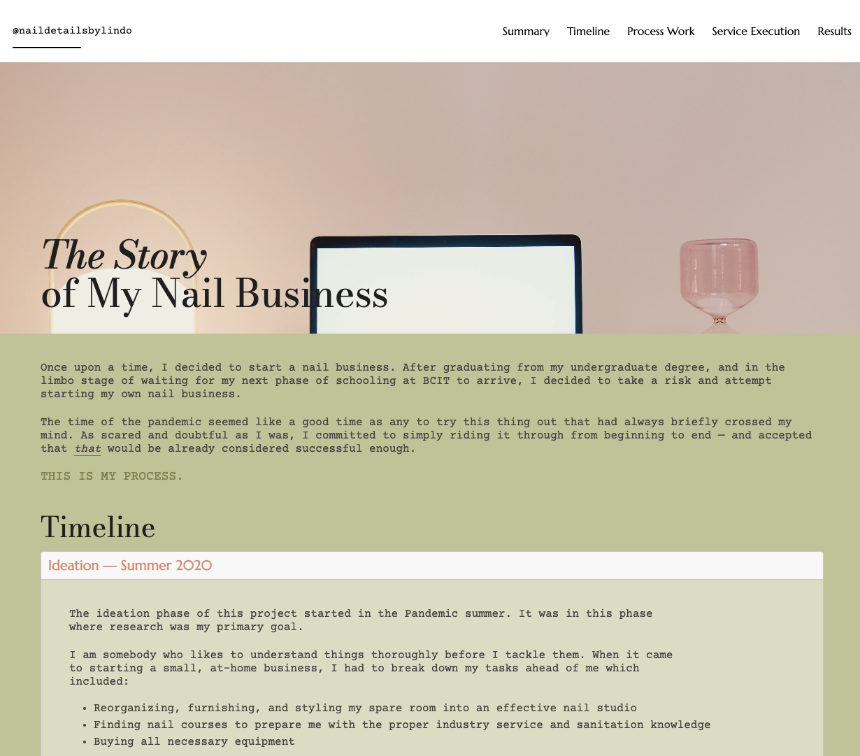 Screenshot of green website landing page for a nail business project