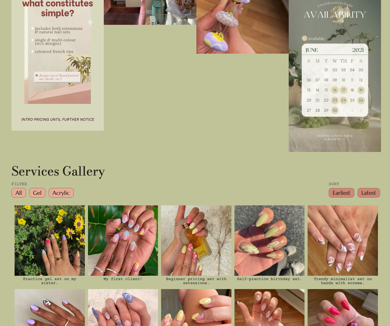 Sreenshot of green website showing cutoff branding images and a nail services gallery